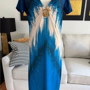 Roberto Cavalli Blue and Cream Midi Dress with Gold Accent
